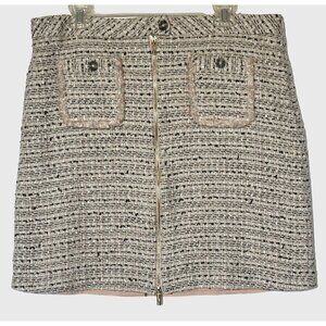Karl Lagerfeld Paris Black Pink Metallic Tweed Front Zip Fringe Mini Skirt